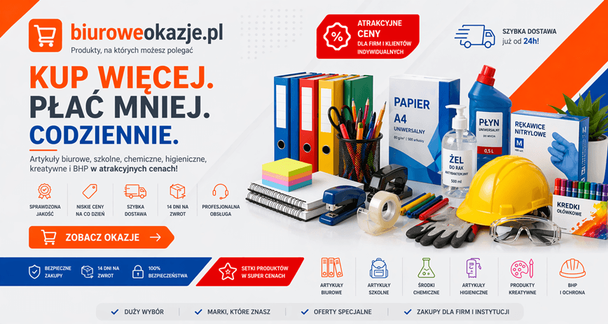 Promocje na artykuły biurowe, wyposażenie biura, papier, tonery i akcesoria biurowe w sklepie biuroweokazje.pl